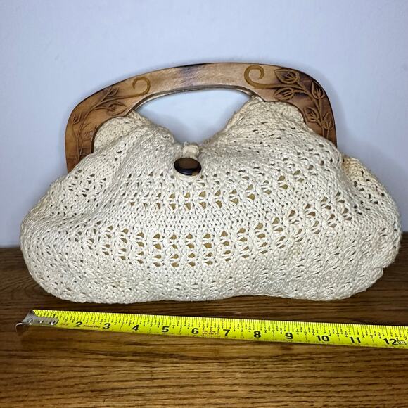 Handmade Wooden Handle Crochet Cream Handbag with a little discoloring - Picture 2 of 5
